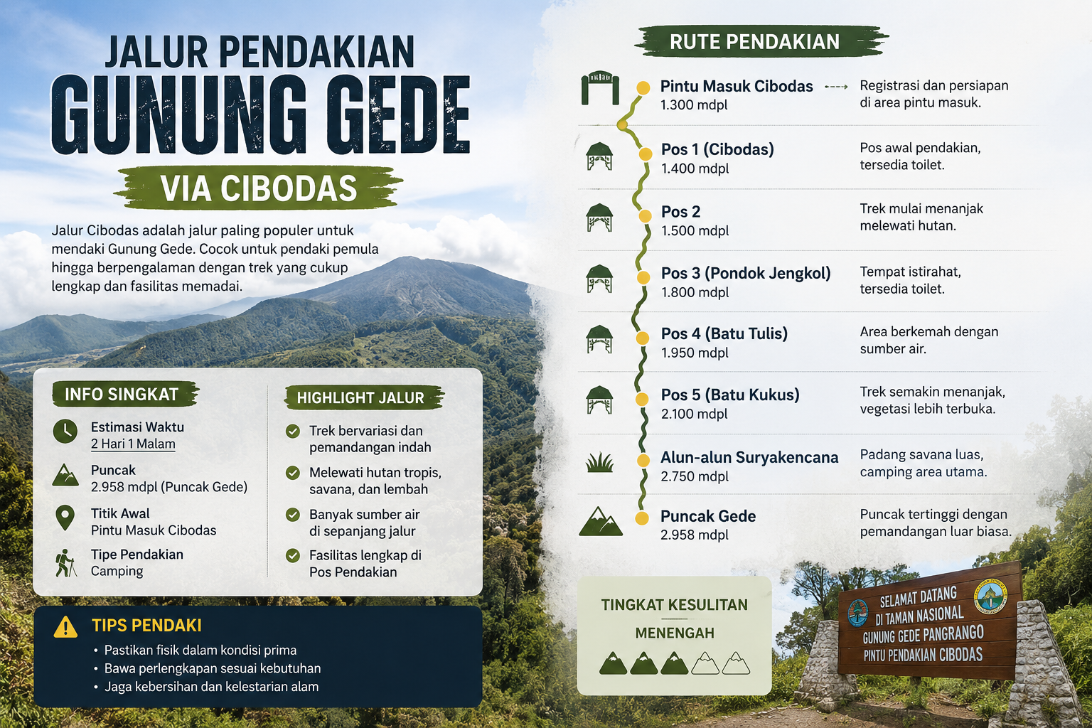 Jalur Pendakian Gunung Gede via Cibodas: Rute, Pos, Estimasi Waktu, dan Tips Pendakian 2026